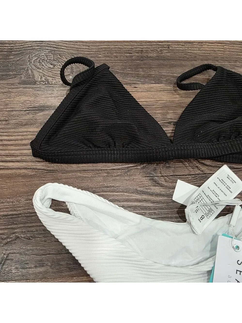 Seafolly Ribbed Bikini Set Black Top White Bottom US 4 NWT/NWOT